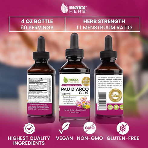 Immune 4 Oz (60 Maxx Herb PAU DArco Extract with Dandelion Root & Red Clover Therapeutic Blend, PAU Darco Tincture