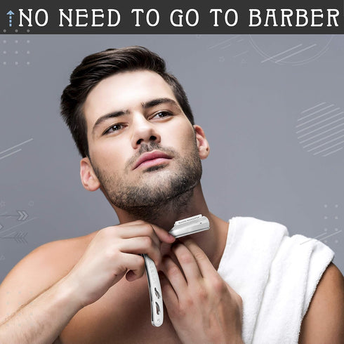 Straight Razor Kit - Complete Kit for Men with Beard Scissors & Metal Comb, Premium Polished Stainless Steel, 10 Extra