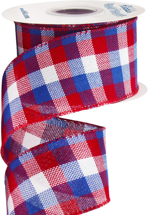 Ribbli Patriotic Red/White/Blue Check Wired Ribbon, 2-1/2 Inch x 10 Yard,4th of July Buffalo Plaid Ribbon,Burlap Ribbon for Big Bow,Wreath,Tree Decoration,Outdoor Decoration by Ribbli