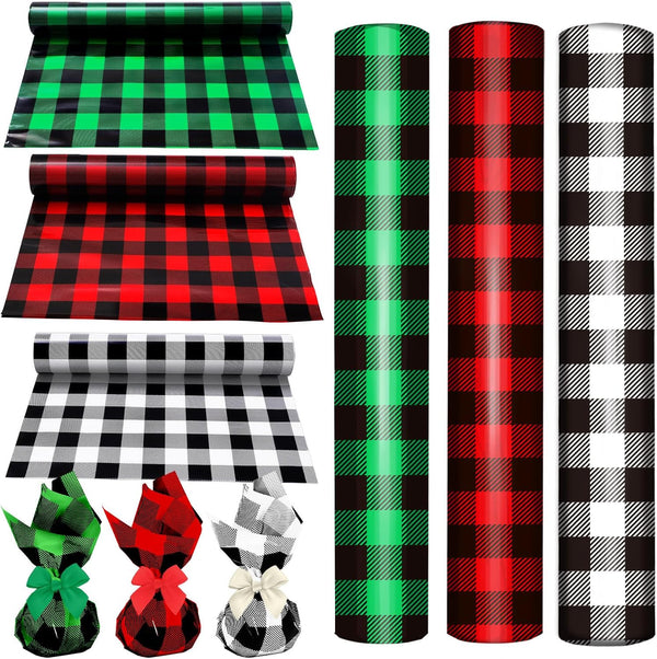 Whaline 120 Ft x 32 inch Christmas Cellophane Wrap Roll, Rustic Buffalo Plaid for Gift Basket and DIY Crafts