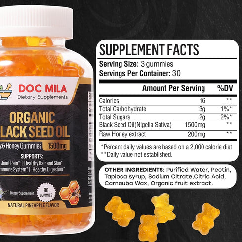 Organic Black Seed Oil Gummies 1500mg - Black Seed Oil Softgels Capsules with Honey, Pineapple Flavor - Gluten Free, Soy Free & Non-GMO