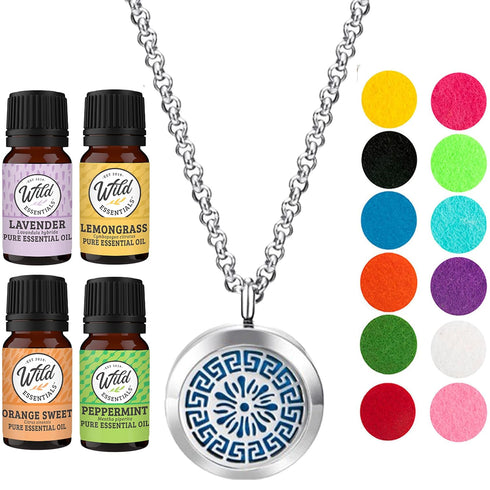Wild Essentials Greek Key Necklace Essential Oil Diffuser Kit, 12 Refill Pads, Lavender, Lemongrass, Peppermint, Orange