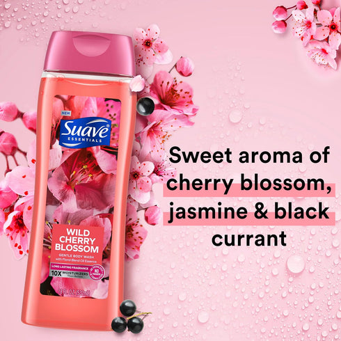 Suave Moisturizing Body Wash, with Wild Cherry Blossom and Vitamin E Extract, No Parabens, No Phtahaltes, 18 Oz Pack of 6
