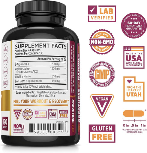 Zhou Nitric Oxide with L Arginine, Citrulline Malate, AAKG, Beet Root - 30 Servings, 120 Veggie Caps