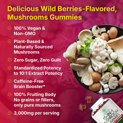 Yi Nutrition 15-in-1 Gummies 10:1 Immunity 90 Gummies Sugar-Free Mushroom Complex Extract - Lion's Mane, Cordyceps
