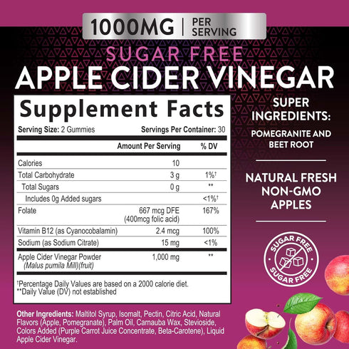 Nature's Nutrition Apple Vinegar Gummy for Weight Loss 1000mg - Vegan Apple Cider Vinegar Gummies for Detox & Cleanse, ACV Supplement Pills, Vitamin B12, Beetroot & Pomegranate, Non-GMO - 60 Gummies