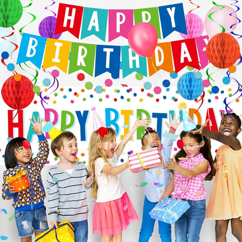 Happy Birthday Decorations Kit - Banner, Plastic Backdrop, Circle Confetti Garland, Streamers & Balloons