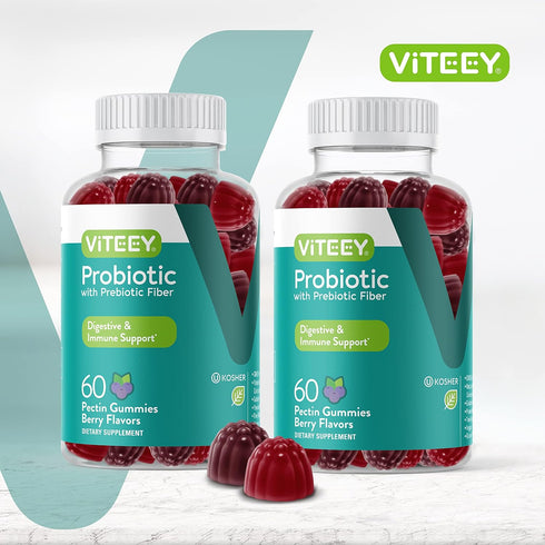 Probiotic Gummies wtih Prebiotics Fiber, Extra Strength 2 Billion CFUs - Prebiotics and Probiotics for Immune & Digestive Support - Vegan, Gelatin Free, GMO Free - Tasty Chewable Berry Flavored Gummy