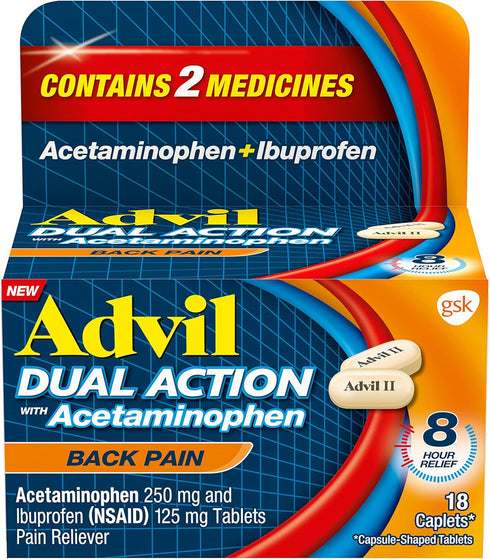 Advil Dual Action Back Pain Caplets, 250mg Ibuprofen and 500mg Acetaminophen for 8 Hours Relief - 18 Count