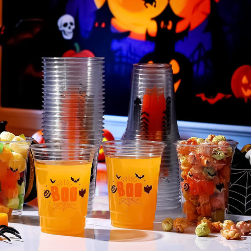 Tiangrid 100 16 oz Pcs Halloween Plastic Cups Bulk Disposable Halloween Boo Party Cups Spooky Clear Plastic Glasses