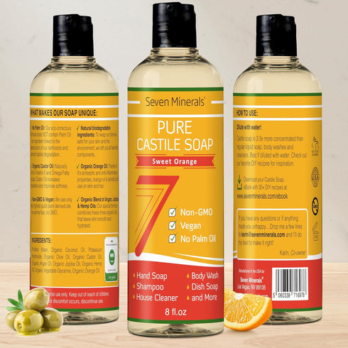 Pure Castile Soap, Sweet Orange: Gentle Liquid Soap for Sensitive Skin & Baby Wash, All Natural Vegan Formula