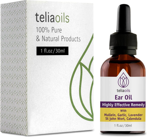 Teliaoils Natural Ear Drops, Essential Oil with Garlic and Mullein for Earwax Removal, 1 oz