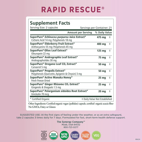 PURE SYNERGY Rapid Rescue Organic Immune Support Capsules with Echinacea, Elderberry, and Olive Leaf Extracts (42