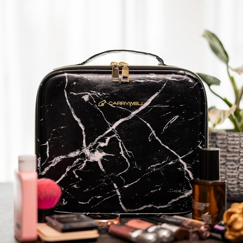 Makeup Train Case, Travel Cosmetic Organizer Bag with Adjustable Dividers for Brushes and Toiletries (1, Marble, Small)
