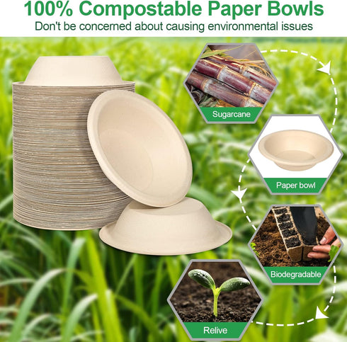 50 Pack Disposable Bowls, 20 oz Heavy Duty Paper Soup Bowls, Biodegradable Compostable for Salad, Ice Cream, Party