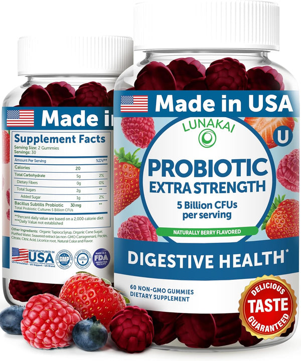 Lunakai Probiotic Gummies for Digestive Health - 5 Billion CFUs, Chewable Probiotic Gummy for Women, Men, Kids, 60ct