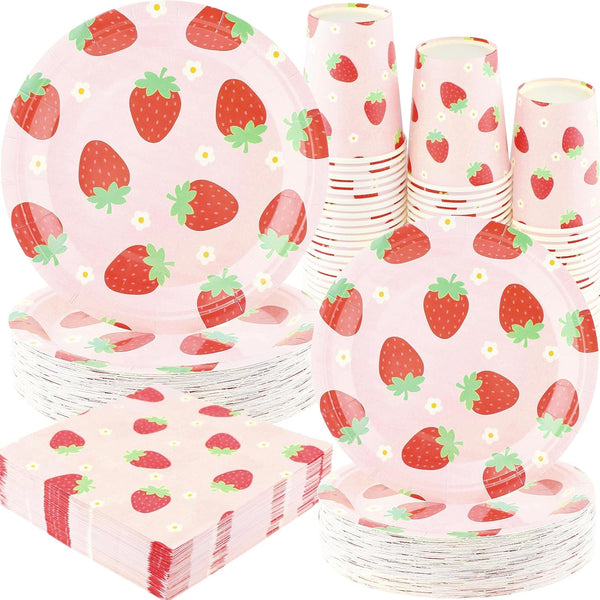 Strawberry Party Tableware Set - 200PCS Birthday Supplies Disposable Paper Plates Dinnerware for 50 Guests
