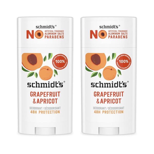 Schmidt's Aluminum-Free Vegan Deodorant Grapefruit & Apricot, 2 Count, Natural Ingredients, 2.65 oz