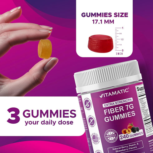 Gummies 7G 240 Gummies, Vitamatic Prebiotic Fiber for Adults, Extra Strength, Zero Sugar Added, Pectin Based Digestive