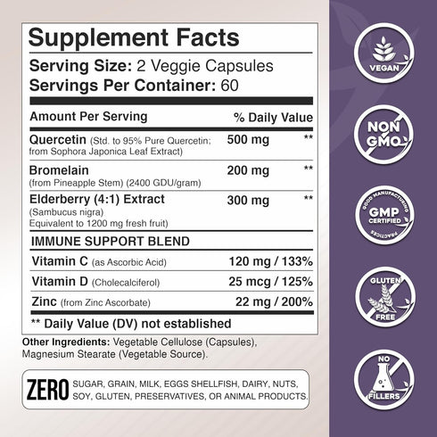 Quercetin with Vitamin C and Zinc - Elderberry - Quercetin 500mg - Quercetin with Bromelain - Zinc Quercetin - Vitamin D3 - 6 in 1 Daily Immune Support, Non-GMO, Gluten-Free - Sambucus Supplement -USA