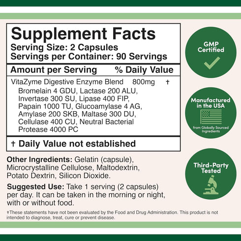 Digestive Enzymes - 800mg Blend of All 10 Most Essential Digestive and Pancreatic Enzymes (Amylase, Lipase, Bromelain, Lactase, Papain, Protease, Cellulase, Maltase, Invertase) by Double Wood