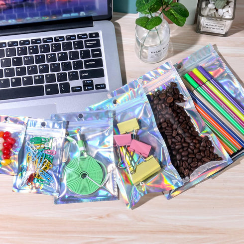 100 Pack Resealable Mylar Bags, Smell Proof Aluminum Foil Ziplock Pouches for Candy, Jewelry, Holographic Rainbow Color