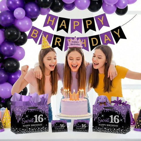 Yoirrat 16 16th Sweet Gift Bag with Wrapping Tissue Paper & Card Large Purple Black Glitter Happy Birthday Gift Bags