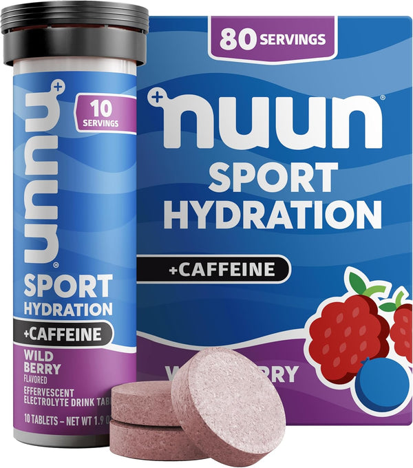 Nuun Sport + Caffeine Electrolyte Tablets for Proactive Hydration, Wild Berry, 8 Pack (80 Servings).