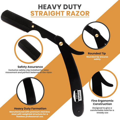Utopia Care Professional Straight Razor for Men - Barber Safety Razor with 100 Pack Blades, Black