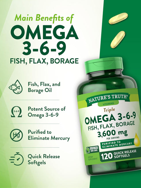 Nature's Truth Omega 369 Softgels - 3600mg, 120 Pills with Fish, Flax, & Borage Oil, Triple Strength, Non-GMO & Gluten