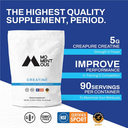 Momentous Creatine Monohydrate Powder - Creapure Performance, 5g Per Serving, 90 Servings for Muscle Support