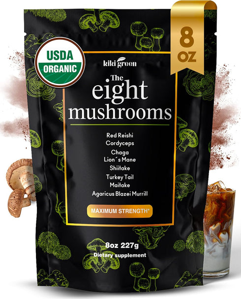 KIKI Green 8 Mushrooms Powder Extract - Mushroom Supplement Blend for Focus & Energy - 8 oz, Add to Coffee & Smoothie