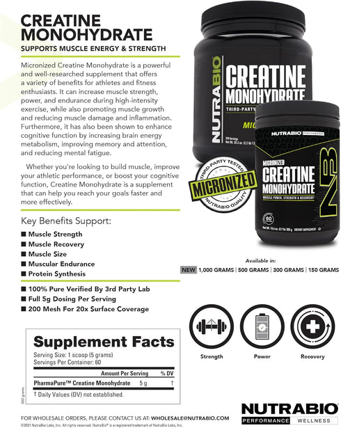 NutraBio Pure Creatine Monohydrate Powder Supplement - Unflavored (300 g) for Muscle Energy