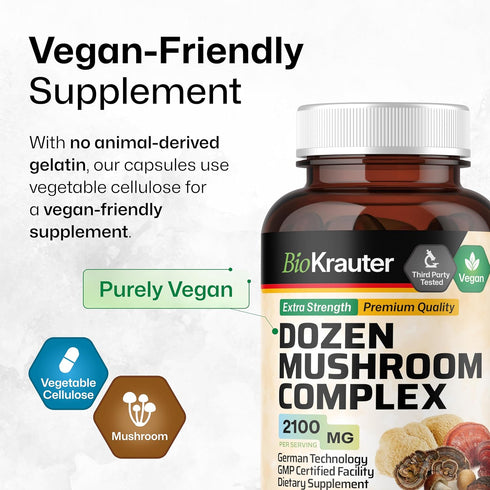 BIO KRAUTER Dozen Mushroom Complex Capsules, 2100 mg Blend, 100 Vegan Caps for Immune Support