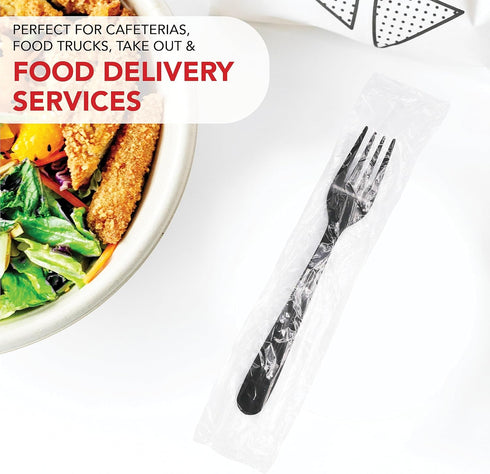 Party Essentials Individually Wrapped Black Plastic Utensil Sets, Heavy Duty Flatware Packs, 100 Sets