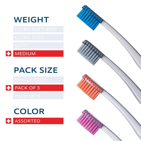 TELLO 3940 3 Count Adult Medium Swiss Toothbrush for Gentle Cleaning with Ergonomic Handle