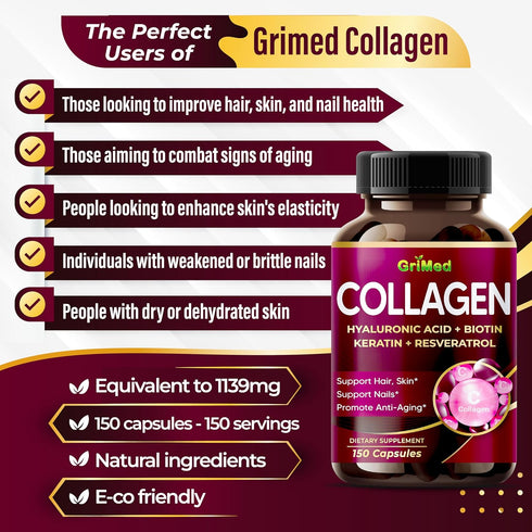 Organic Collagen 6,419 mg with Hyaluronic Acid, Biotin, Keratin, Resveratrol - Hair Skin, Nails Vitamins - Made in The
