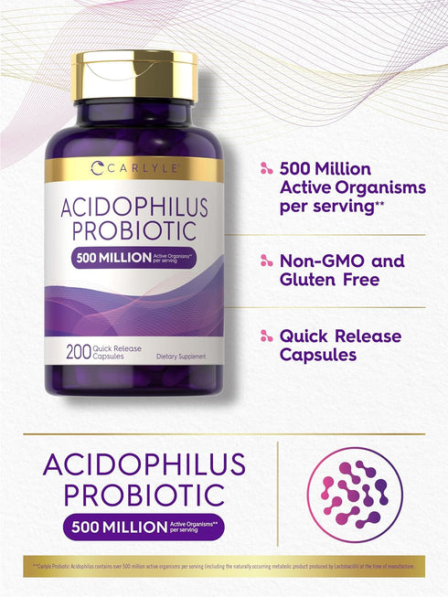 Carlyle Acidophilus Probiotic | 500 Million CFU | 200 Capsules, Non-GMO & Gluten Free for Men & Women