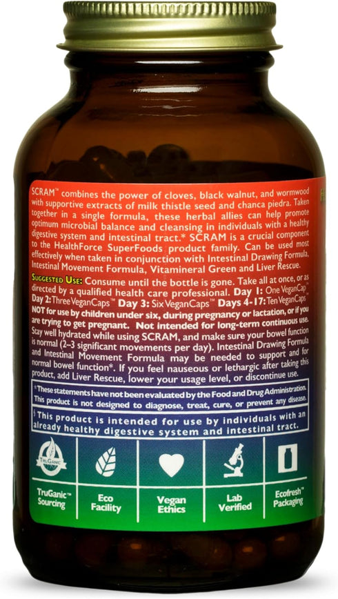 HealthForce SuperFoods Scram - Herbal Supplement with Milk Thistle, Wormwood & Black Walnut, 150 Vegan Capsules