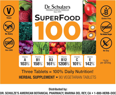 Dr. Schulze's Superfood 100 - Vitamin & Mineral Herbal Concentrate, Daily Nutrition & Increased Energy, 90 Tabs
