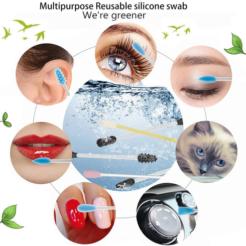Strogem Reusable Cotton Swabs with Mirror - Makeup Application and Cleaning, Portable Washable Silicone Q-Tip (Blue)