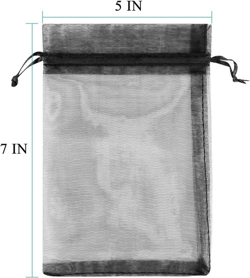 100 Pcs Per Pack 5x7 Black Gifts Wrap Bags, Organza Sheer Fabric Drawstring Transparent Mesh Bags for Favor