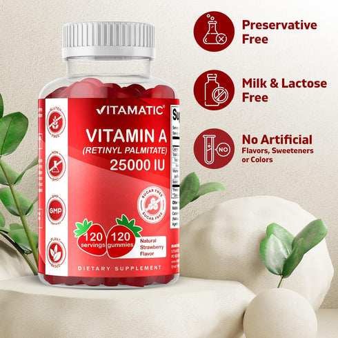 Vitamatic Sugar Free Vitamin A 25000 IU Gummies, Natural Strawberry Flavor, 120 Gummies