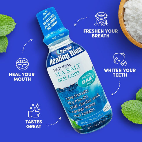 2 Pack H2Ocean Healing Rinse Mouthwash, Sea Salt & Xylitol for Fresh Breath, Alcohol & Fluoride Free, 16oz