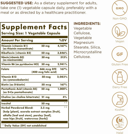 Solgar B-Complex "50" - 100 Vegetable Capsules - Energy Metabolism, Cardiovascular & Nervous System Support - Non-GMO, Vegan, Gluten Free - 100 Servings