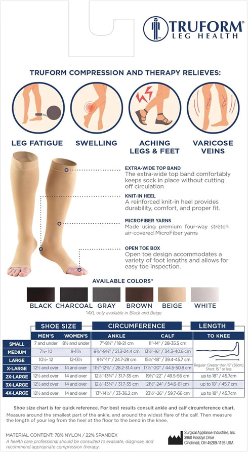 Truform Compression Stockings for Men and Women, Knee High Length, Open Toe, Black, Medium, 20-30 mmHg