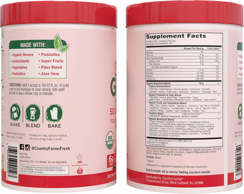 Country Farms Organic Super Greens Berry Flavor Drink Mix, 50 Organic Super Foods, 5g Fiber, USDA Organic
