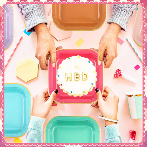 Tiangrid 120 7 Inch 6 Pcs Colorful Paper Plates Rainbow Candy Color Disposable Square Dessert Party Plates with Gold