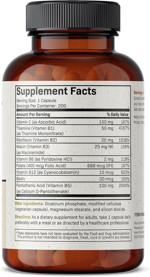 Futurebiotics Vitamin B Complex with Vitamin C Supports Energy Production, Nervous System & Immune Support - Non-GMO, 200 Vegetarian Capsules