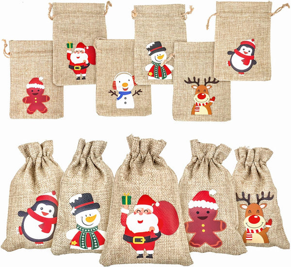 DERAYEE 36Pcs Christmas Jute Burlap Gift Bags, Small Craft Canvas Goodie Bags for Xmas Party Supplies